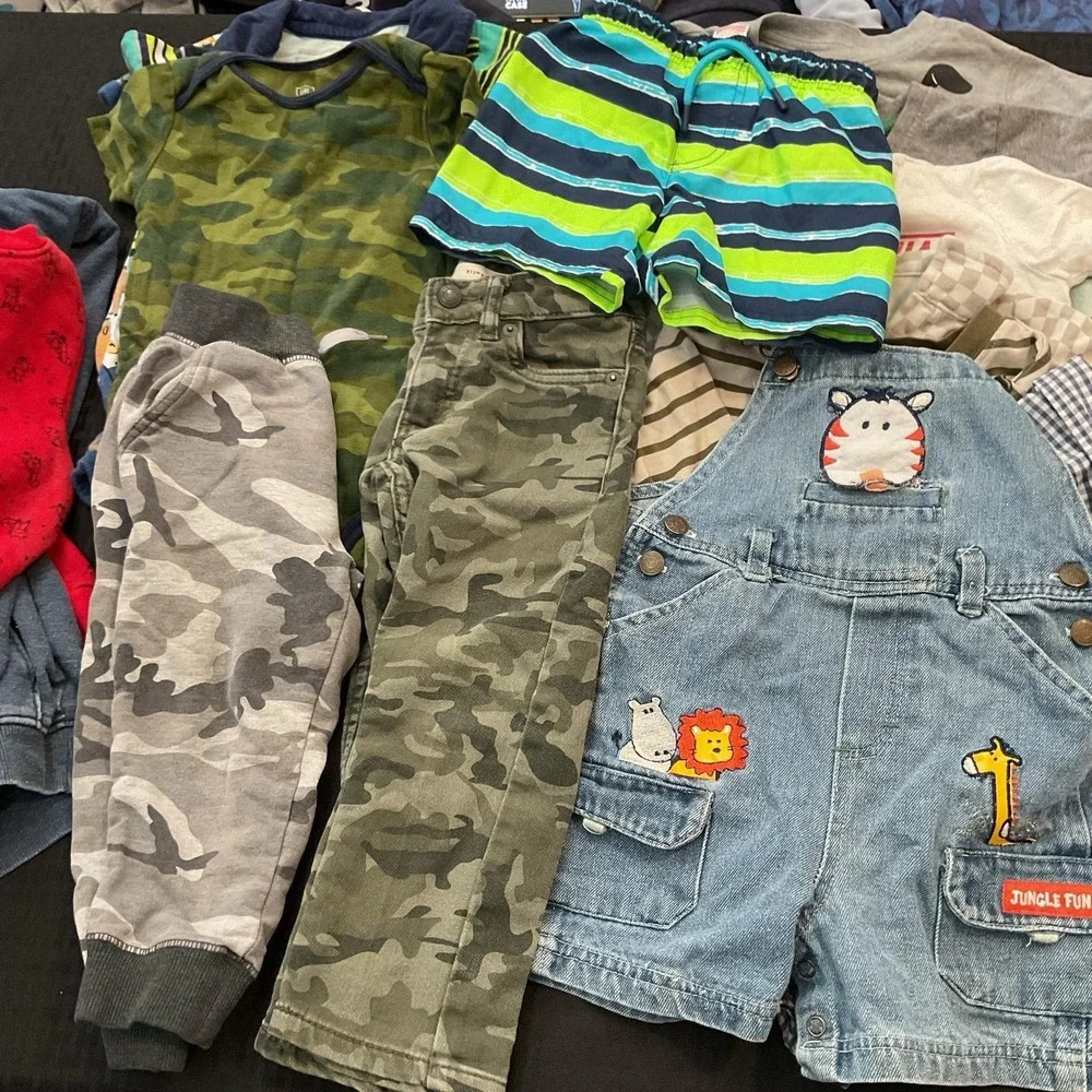 Mixed Brands 23pc Clothes Lot Boys 2T/24M Multicolor Disney Camo Swim Overalls